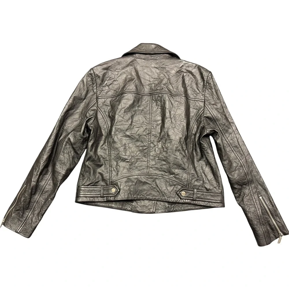 Michael Kors Jacket Womens XL Black Leather Moto Biker Lambskin Zip Up Coat